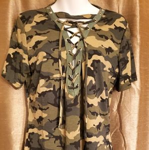 Cute Camo top with lace up, plunging neckline.